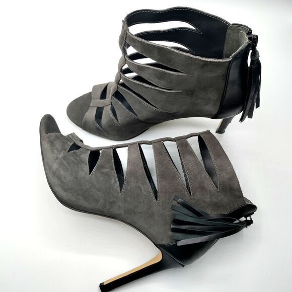 Lord & Taylor 424 Fifth Women 9.5 Gray Suede Peep Toe Leather Zipper Tassel Sexy - Picture 5 of 6